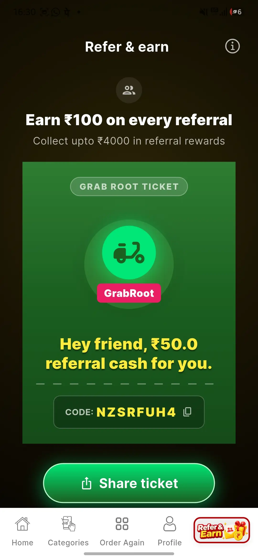 GrabRoot delivery partner screen